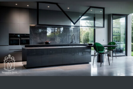 Modern dark grey kitchen with high-gloss island, marble backsplash, green velvet chairs and floor-to-ceiling garden windows