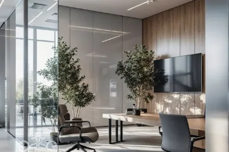 Modern office with glass partition walls, wood-panelled accent, wall-mounted screen, ergonomic chairs and indoor trees