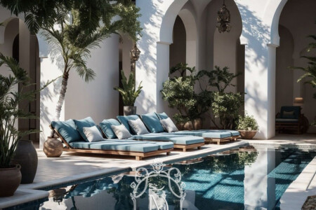 Mediterranean courtyard pool with whitewashed arches, blue-cushioned sun loungers and lush potted palms