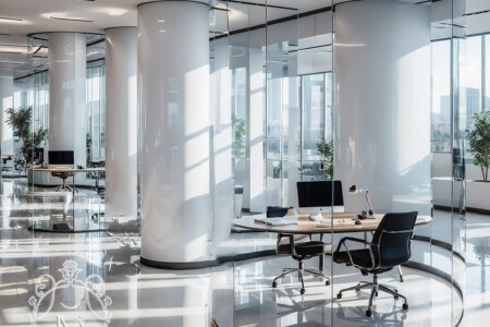 Bright white office with curved glass-partitioned pods, rounded columns, polished terrazzo floor and city views