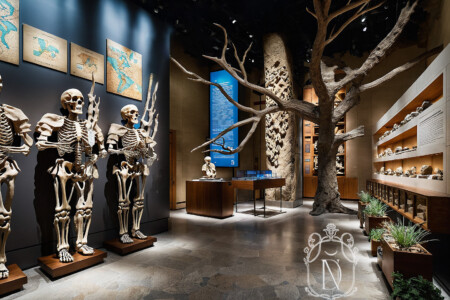 Natural history gallery with human skeleton figures, a sculptural dead tree, stone wall and backlit display cabinets