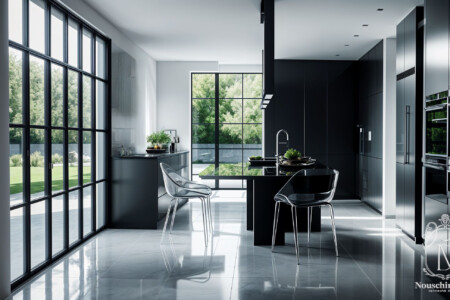 Minimalist black-and-white kitchen with glass dining chairs, steel-framed windows and glossy grey tiled floor